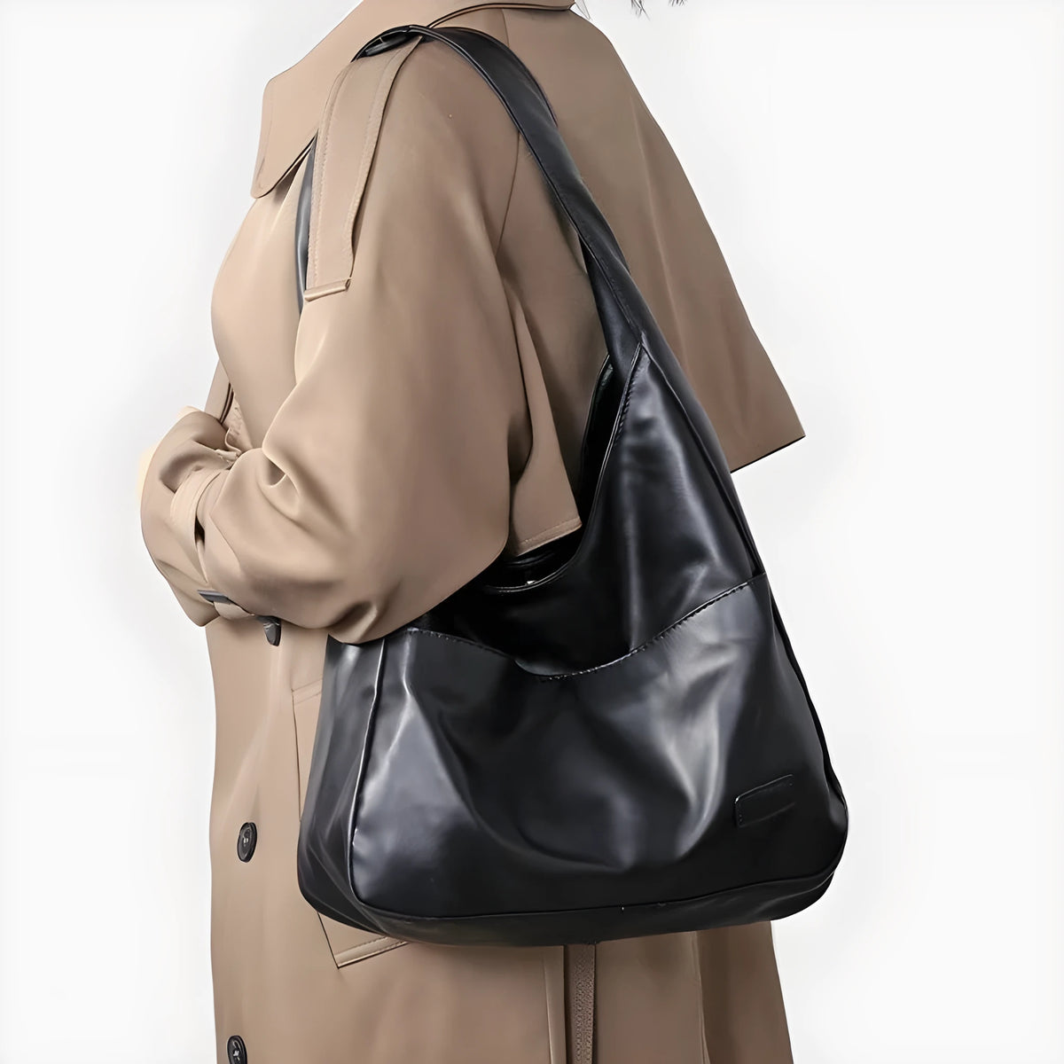 Women's soft PU leather shoulder bag in horizontal square shape showing internal zipper compartment