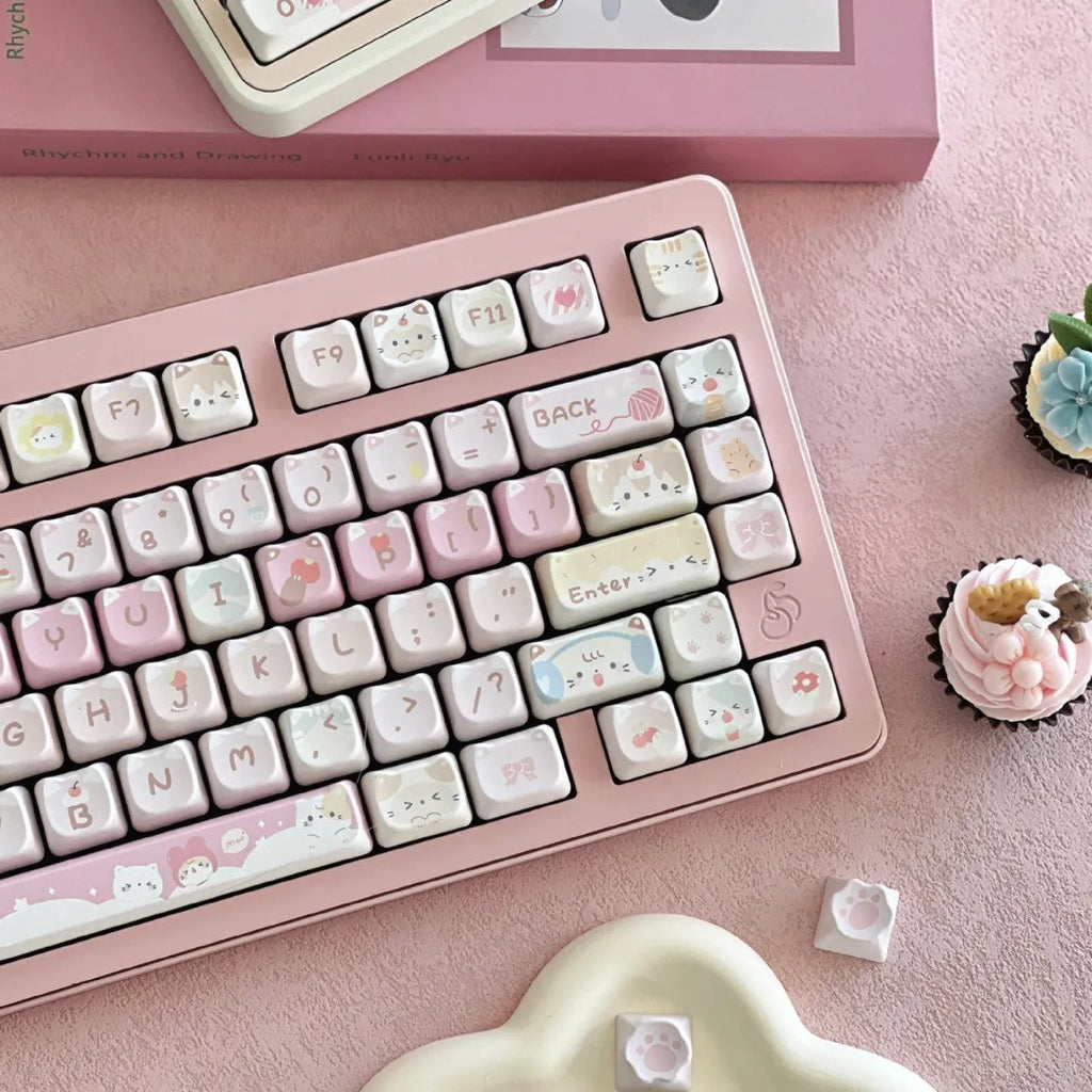 Meow Meow Team 141 key cap set with five-sided sublimation printing shown on mechanical keyboard
