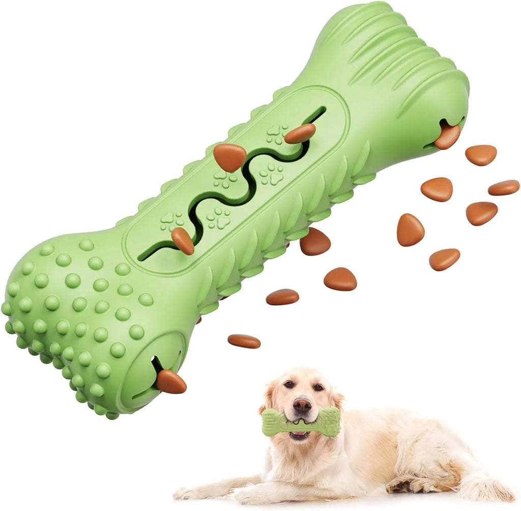 Blue bone-shaped dog chew toy made from natural rubber, showing uneven surface for teeth cleaning.