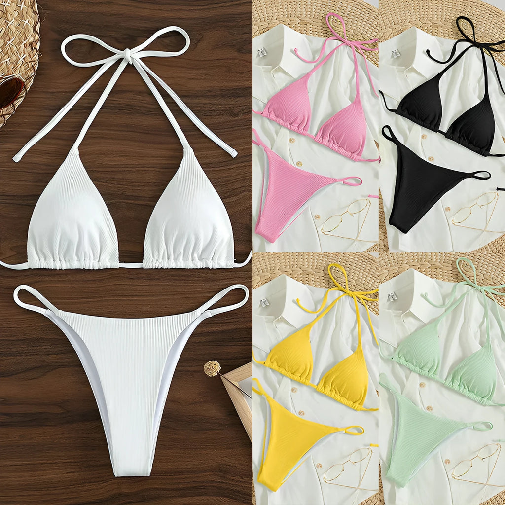 Women's lace-up front bikini swimsuit in various colours with bra top and matching panties