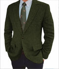 Men's brown herringbone retro suit jacket with long sleeves on a hanger.