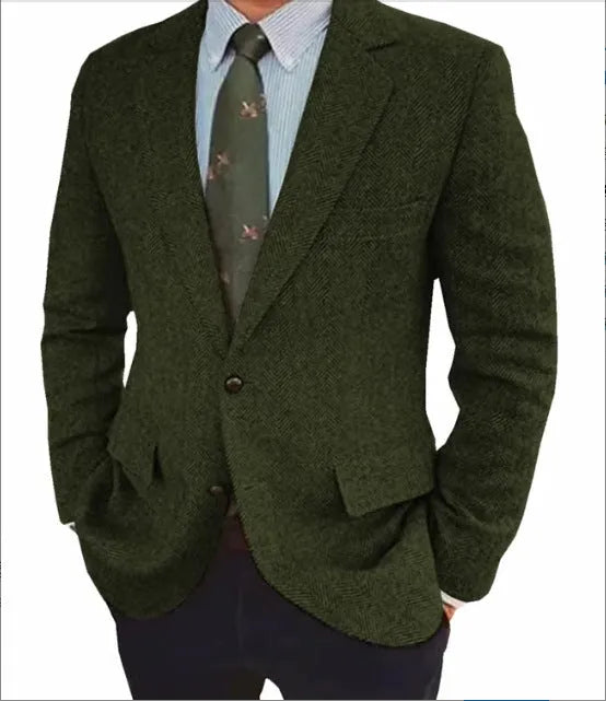 Men's brown herringbone retro suit jacket with long sleeves on a hanger.