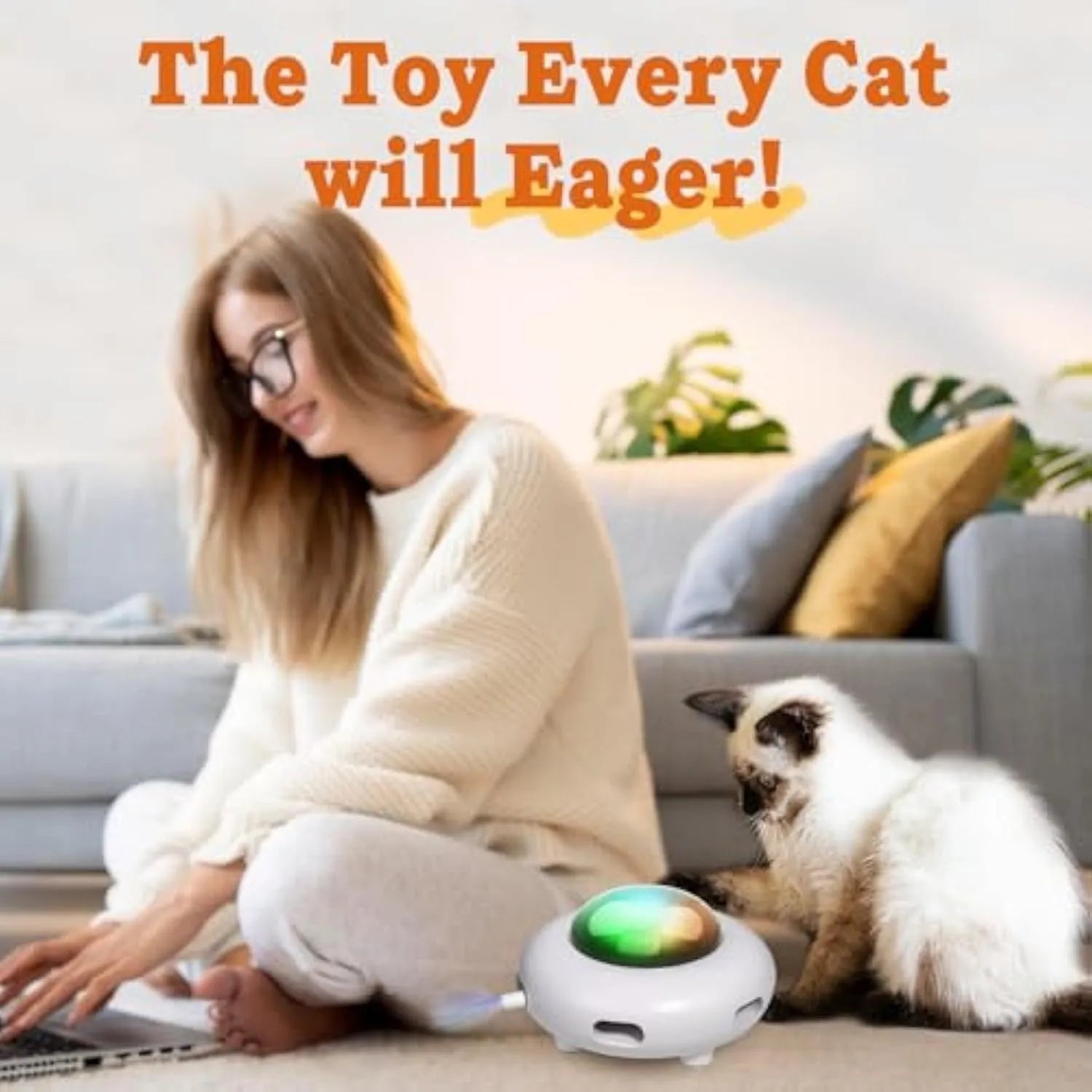 White interactive cat toy with colourful feathers and LED lights for indoor feline play