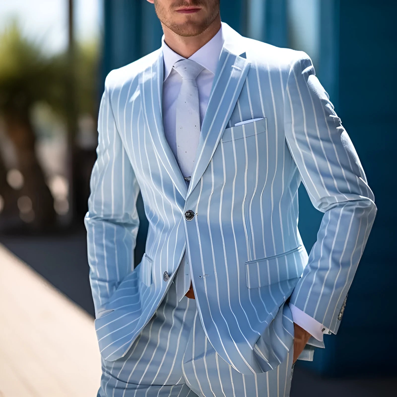 Men's blue and white button British-style suit jacket with straight hem and bag cover pockets