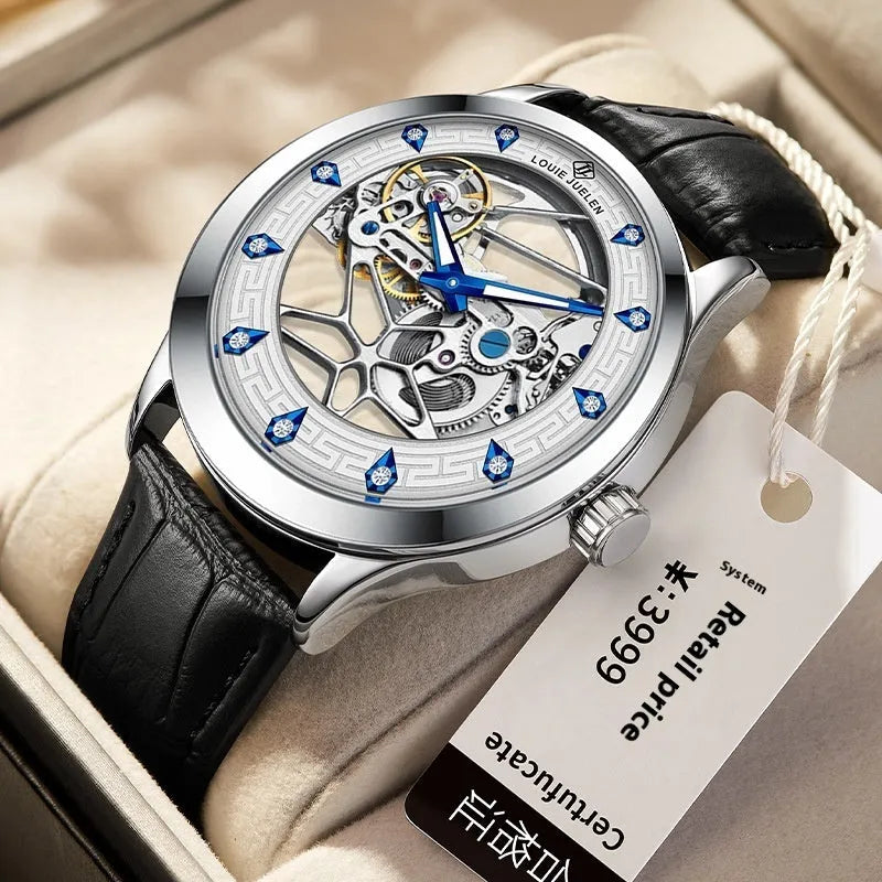 Men's silver mechanical watch with luminous hands on genuine leather strap showing 14.3mm case thickness