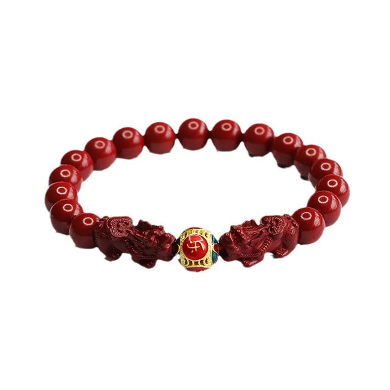 Cinnabar Double Pixiu Women's Bracelet with carved design and purple gold sand double leather show detailing
