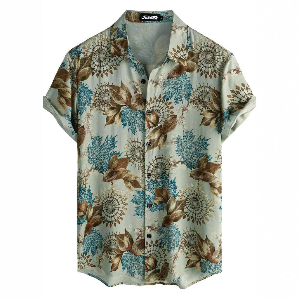 Hawaiian printing lapel short sleeve shirt with floral pattern, elastic fabric, available in multiple colours and sizes for travel wear