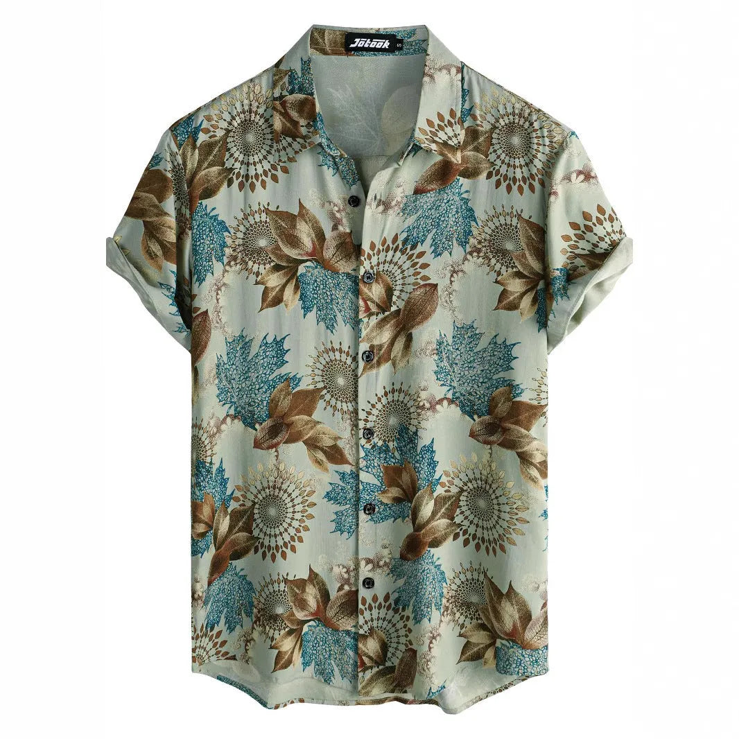 Hawaiian printing lapel short sleeve shirt with floral pattern, elastic fabric, available in multiple colours and sizes for travel wear