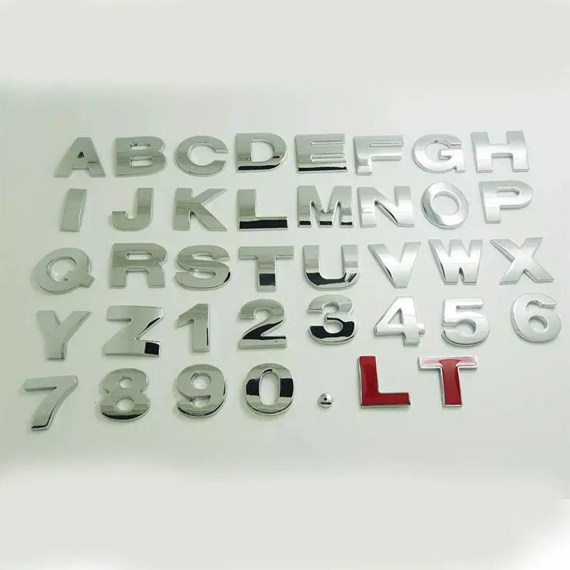 Metal zinc alloy car bumper stickers showing 3D English letters in black and silver finishes, each measuring 2.5cm