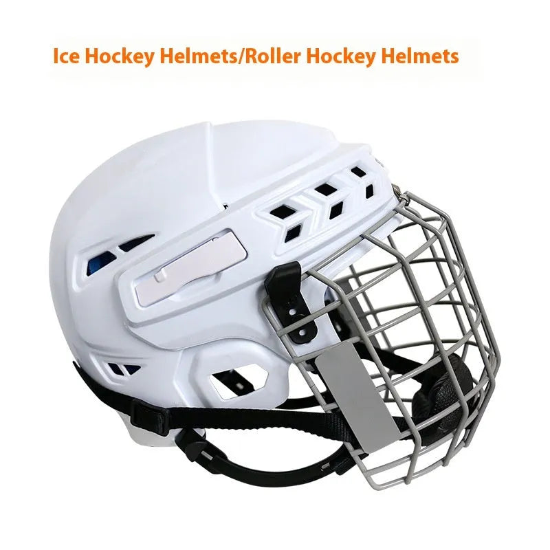 Ice hockey helmet with carbon steel face mask showing PP shell exterior and EVA lining interior