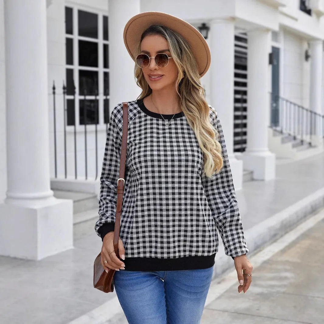 Black plaid pullover long sleeve sweater with striped pattern, available in sizes S to XXL