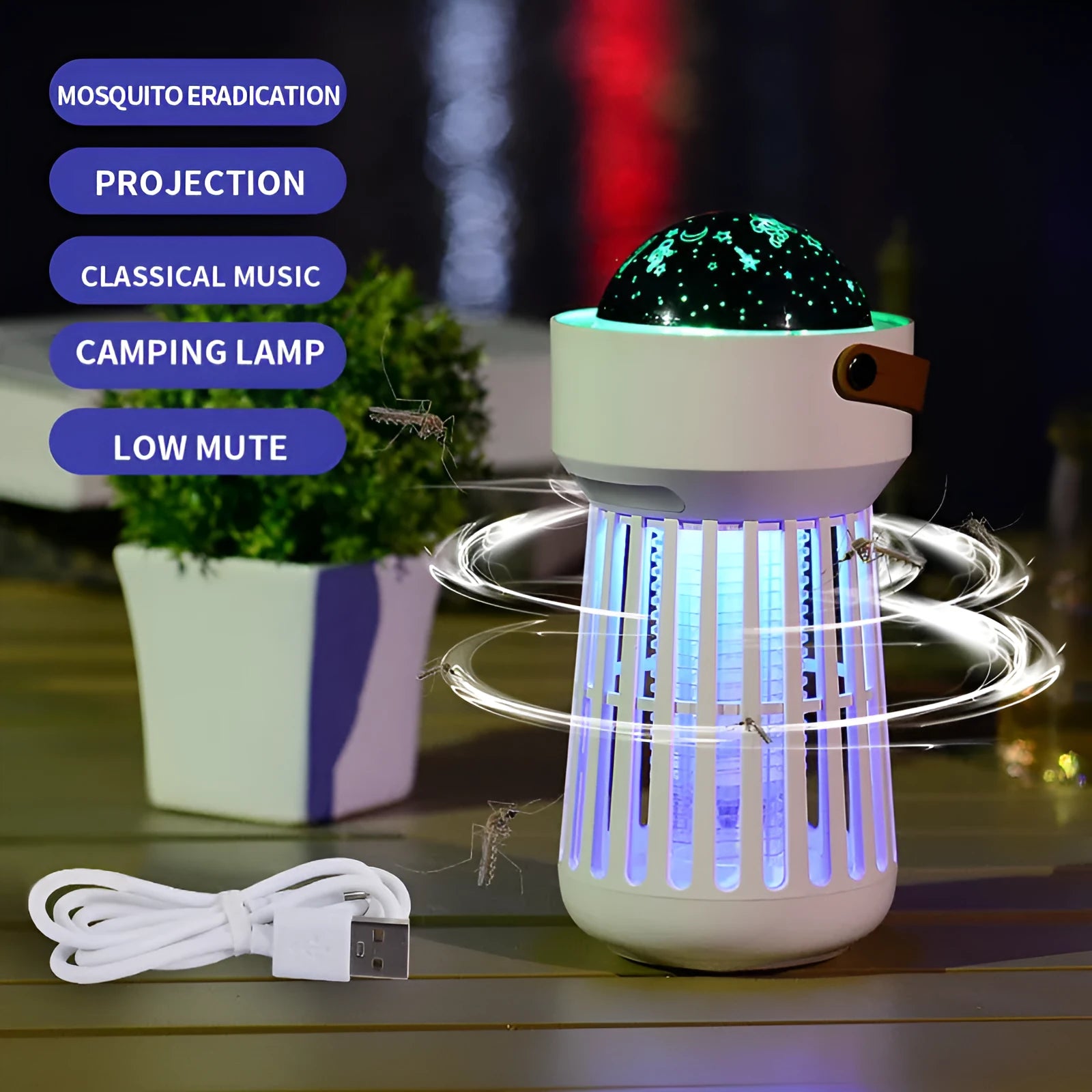 White electric mosquito killer lamp with star projection feature and a folding handle on a table.