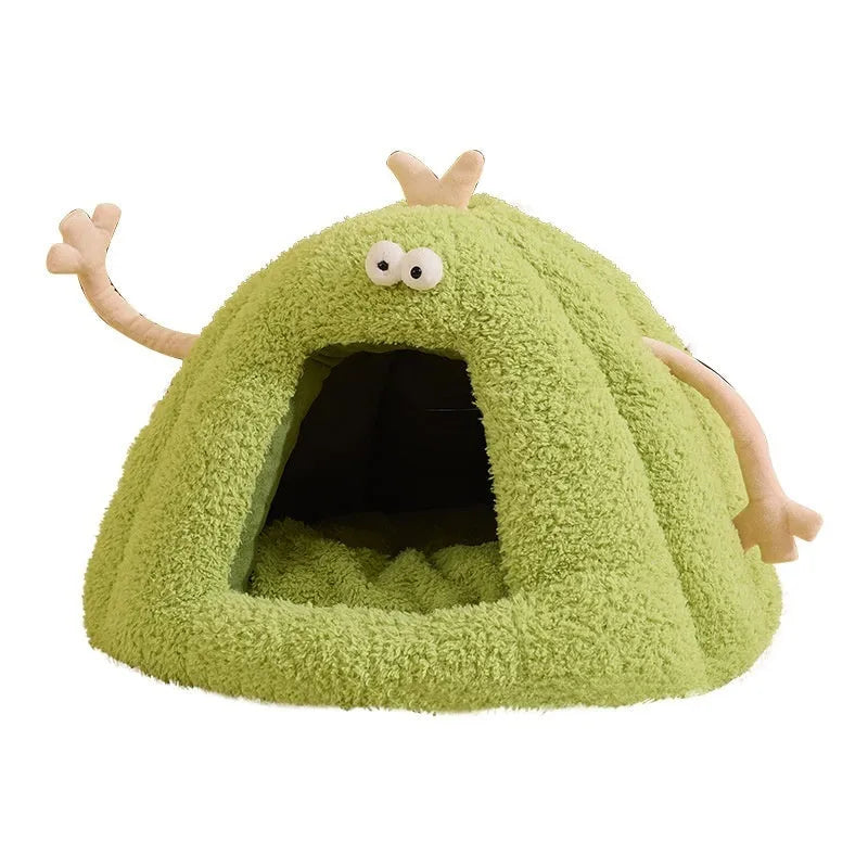 Monster-shaped cat kennel bed in green colour made from PP cotton bubble velvet