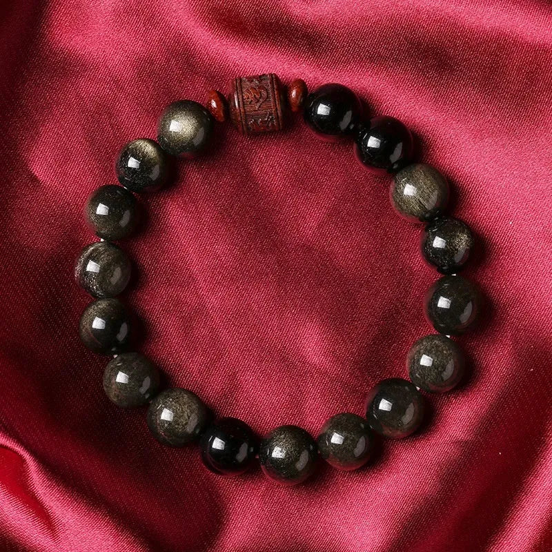 Hand-woven golden obsidian bracelet with 10mm round beads in vintage retro style