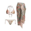 Women's floral bikini suit with skirt in creamy-white nylon for beach swimming