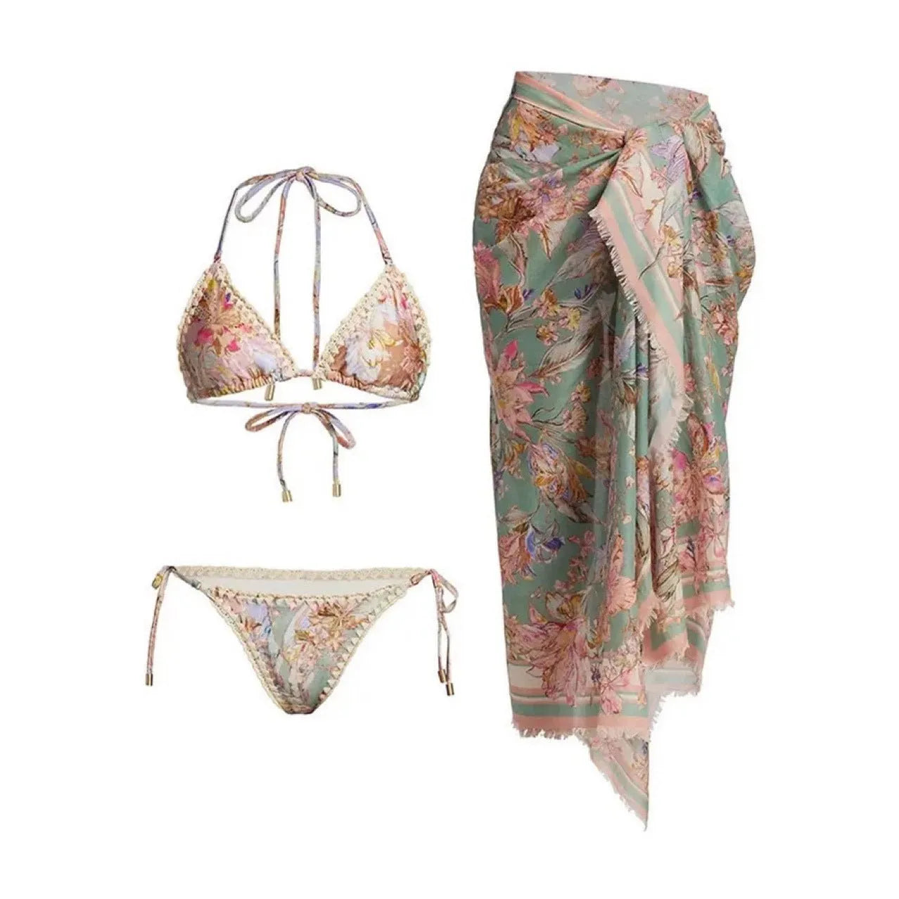 Women's floral bikini suit with skirt in creamy-white nylon for beach swimming