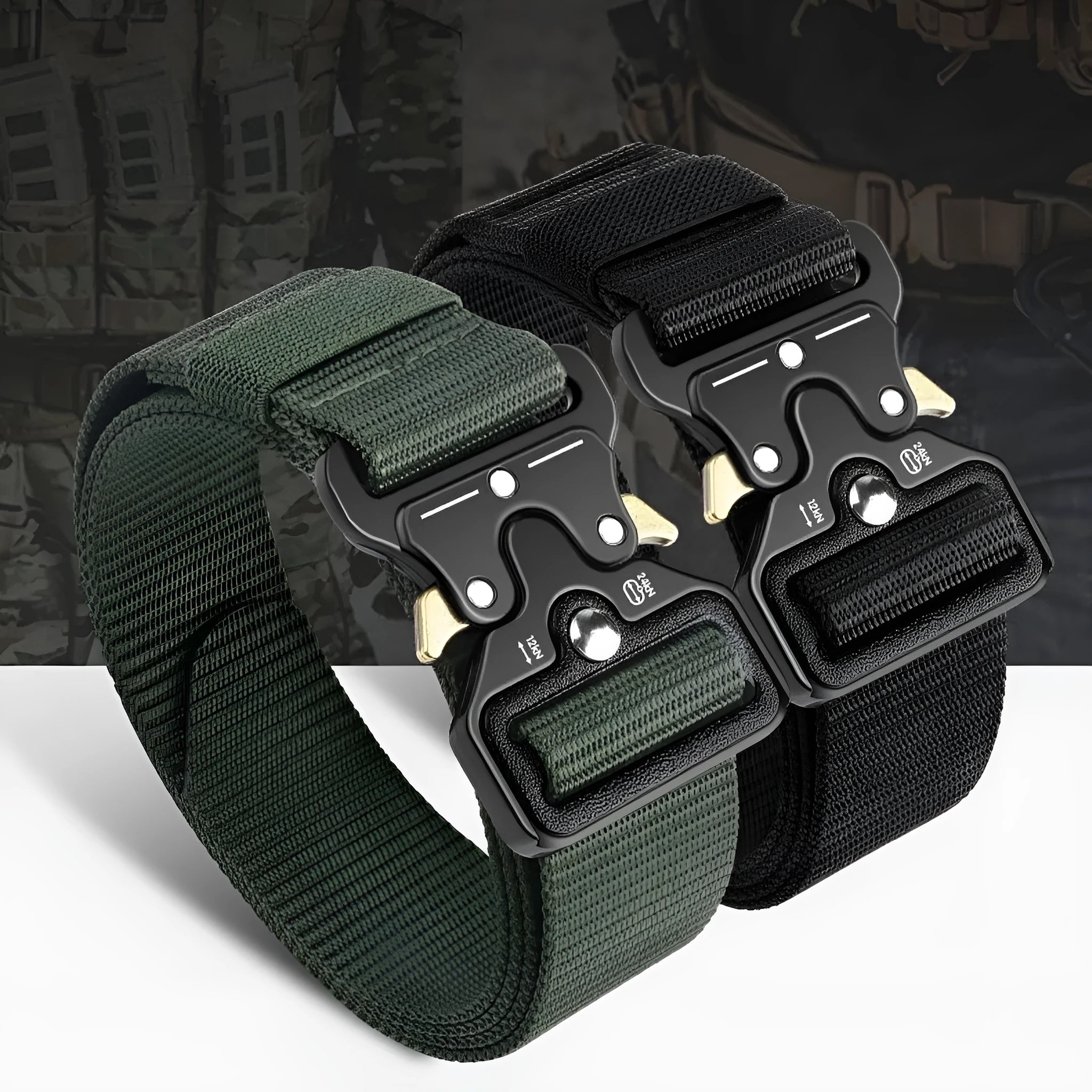 Men's canvas tactical belt showing alloy release buckle and textured 2-4cm width material in Army Green colour