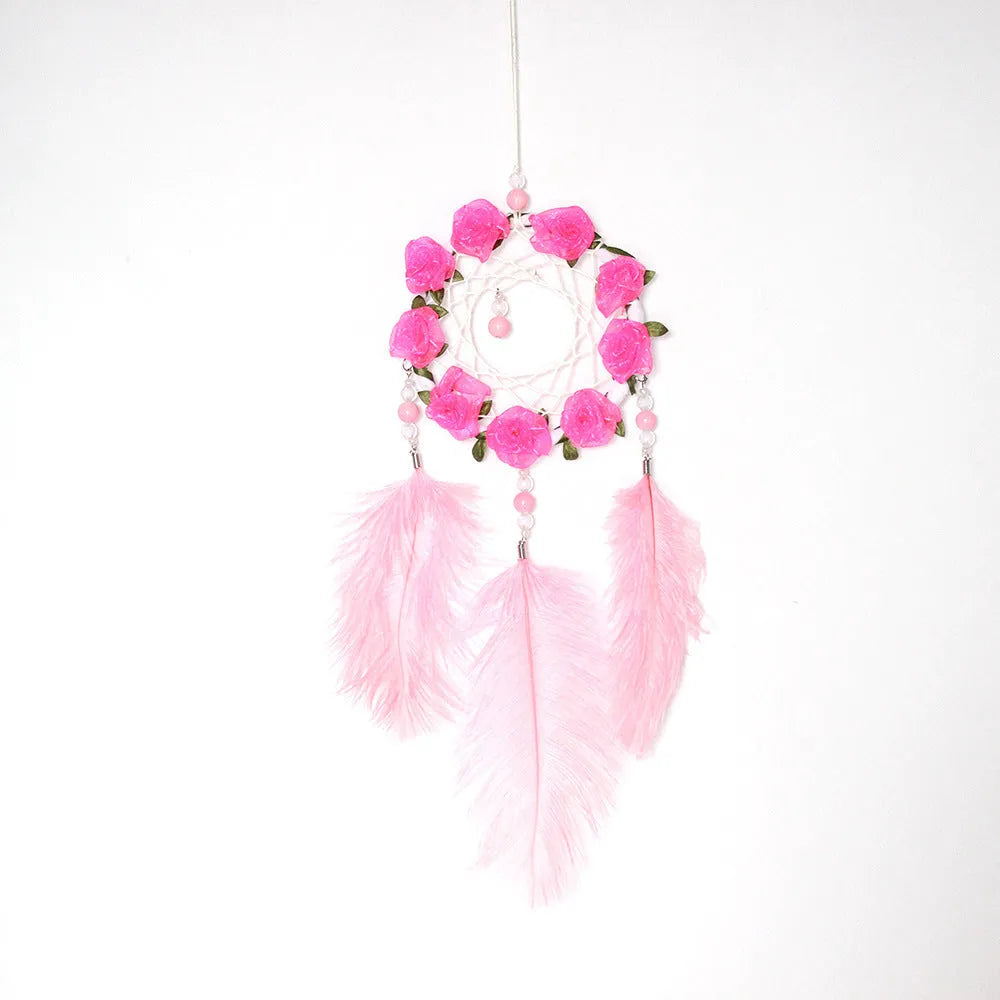 Pink ostrich feather dreamcatcher wind chimes wall decoration measuring 10cm