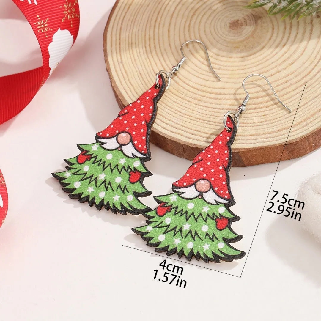Wooden Christmas earrings with 3.5cm tree and 4cm snowman geometric shapes featuring printed festive details