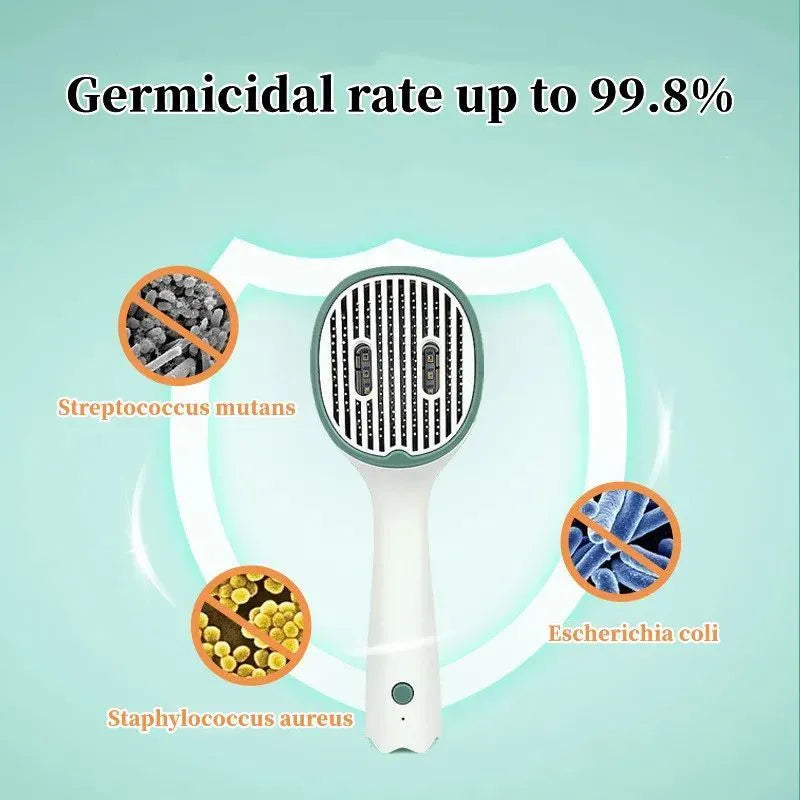 Dark green UVC sterilisation pet grooming slicker brush with needle bristles for removing tangled cat and dog hair