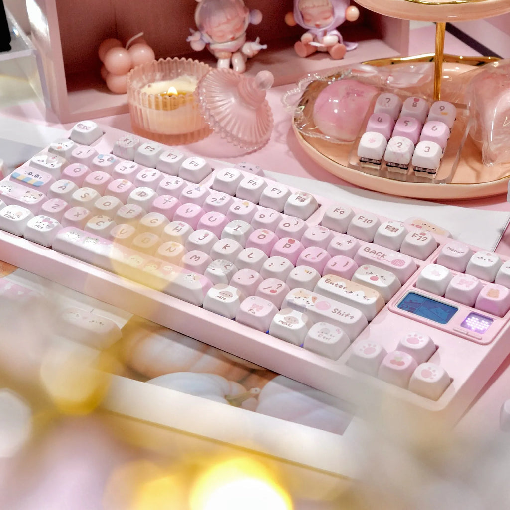 Pink MOA height keycaps with cartoon designs on all five sides for mechanical keyboard customisation