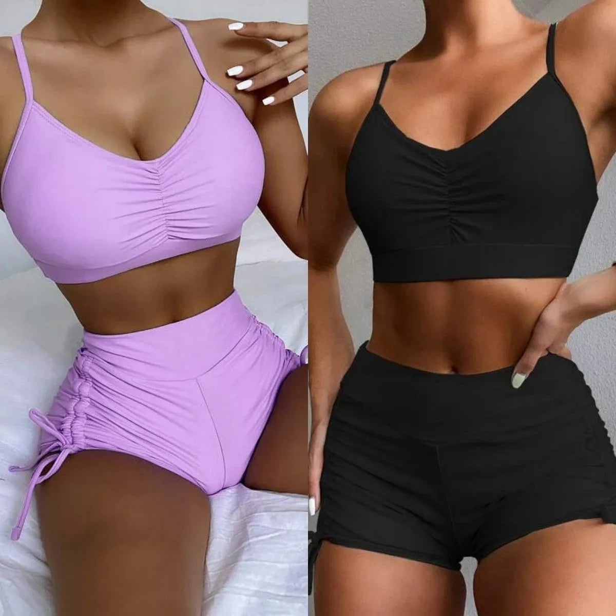 Women's high-waisted split swimsuit in purple or black, showing sleeveless design and split style for swimming.