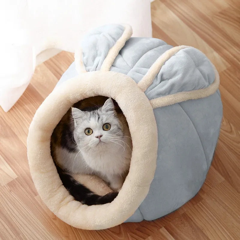 Grey enclosed cat house bed in Ox horn or Rabbit Nest shape, M L XL sizes for 3-25 kg pets