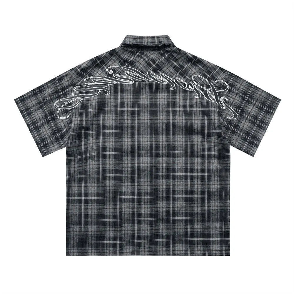 Men's black embroidered plaid short sleeve shirt with lapel collar