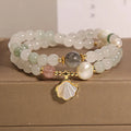 Crystal bracelet with Tianshan jade shell ginkgo leaf pendant and gold-plated gemstone settings