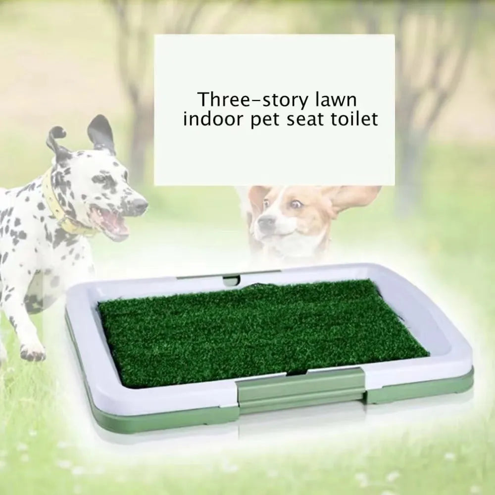 Green artificial grass dog toilet training tray with three-layer construction on a balcony.