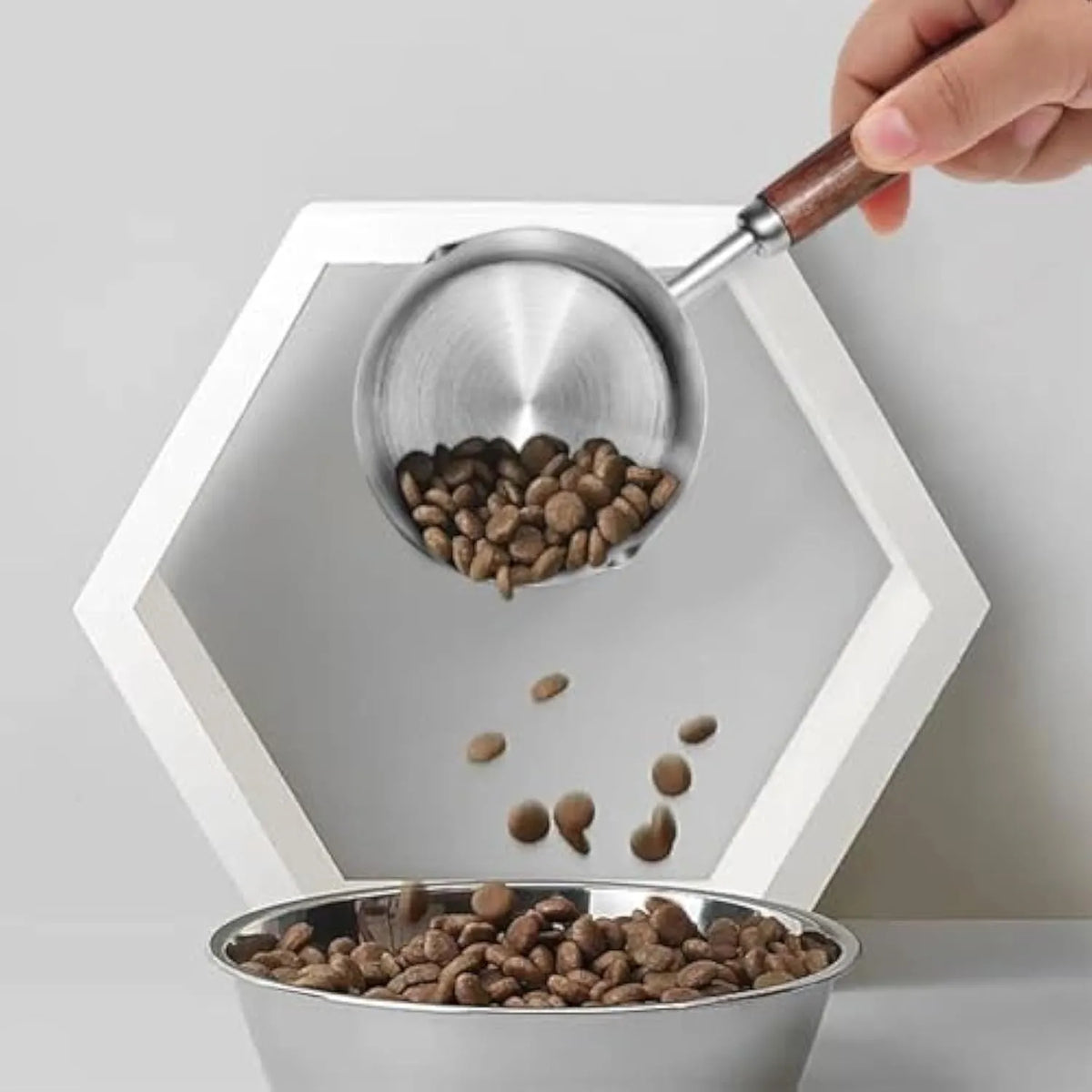 304 stainless steel dog food scoop with wooden handle and measuring cup design for dry pet food, small and large sizes available.