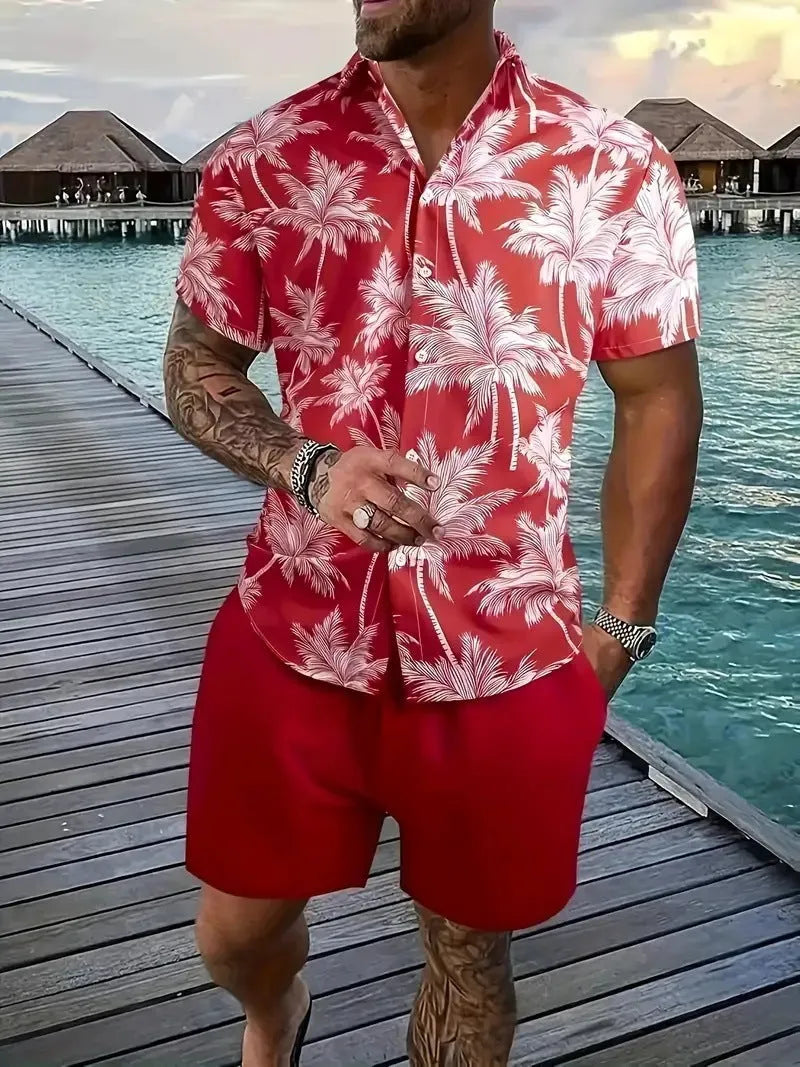 Men's Hawaii 3D printed short sleeve suit with matching shorts in vibrant patterns