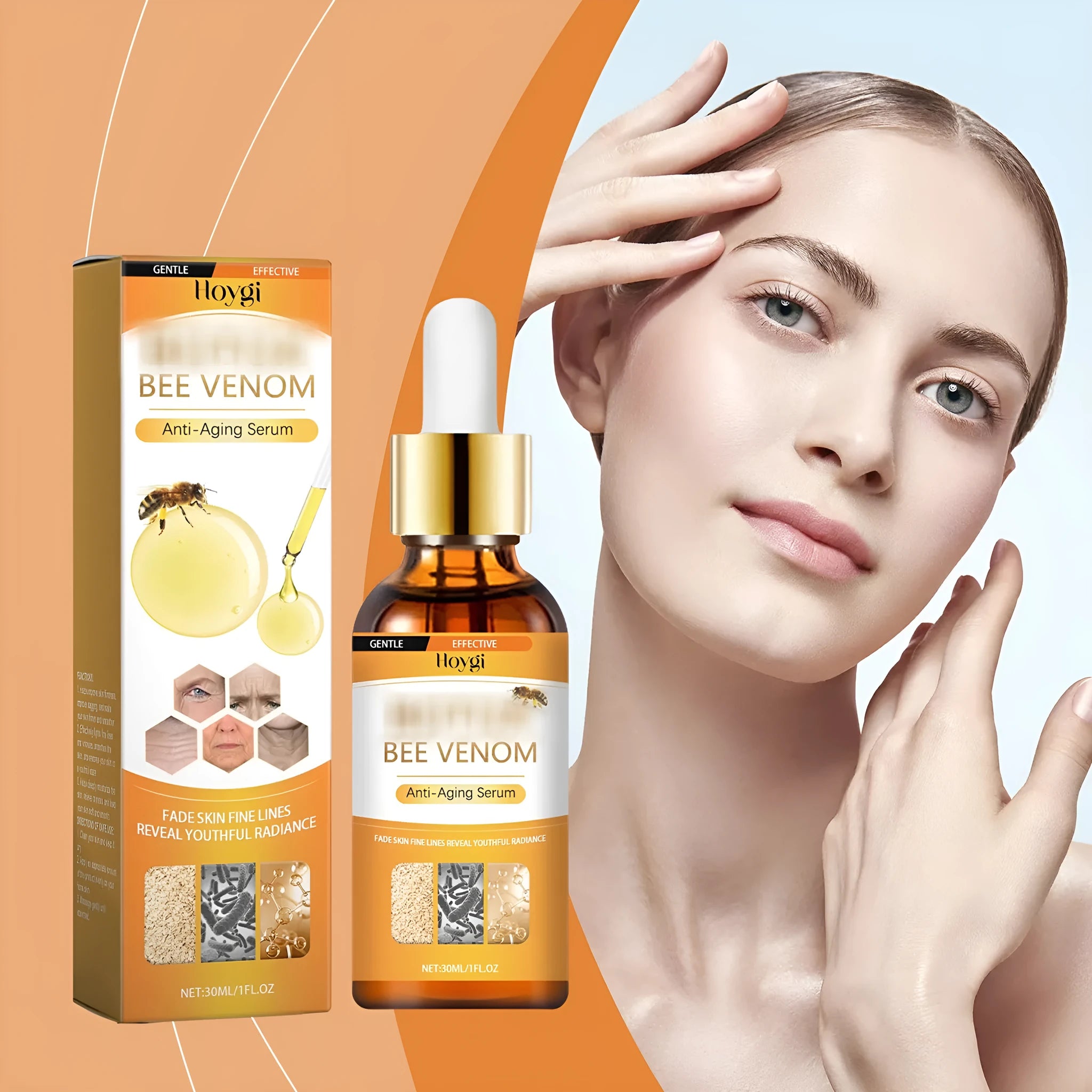 30ml bottle of anti-ageing facial essence containing hyaluronic acid and bee venom
