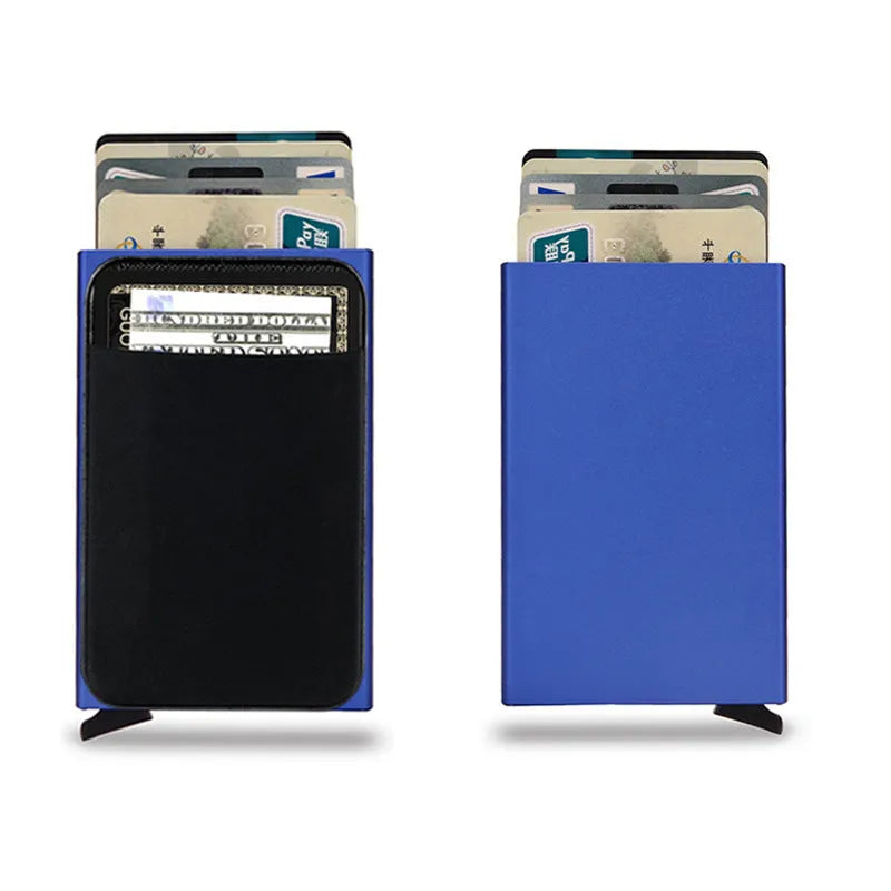 Aluminium alloy credit card holder with RFID blocking in frosted finish measuring 9.5cm by 6cm