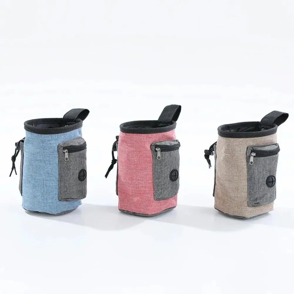 Waterproof pet training waist bag with adjustable belt, dual pockets, and plastic clips in blue colour