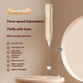 Handheld personalised milk frother in beige, black, or white with stainless steel whisk and Type-C charging port.