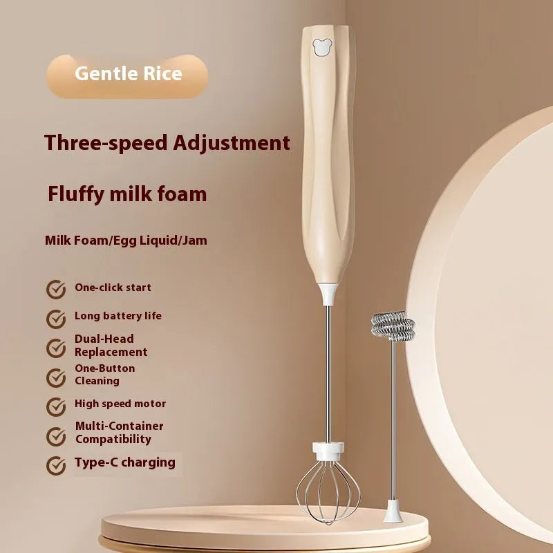 Handheld personalised milk frother in beige, black, or white with stainless steel whisk and Type-C charging port.