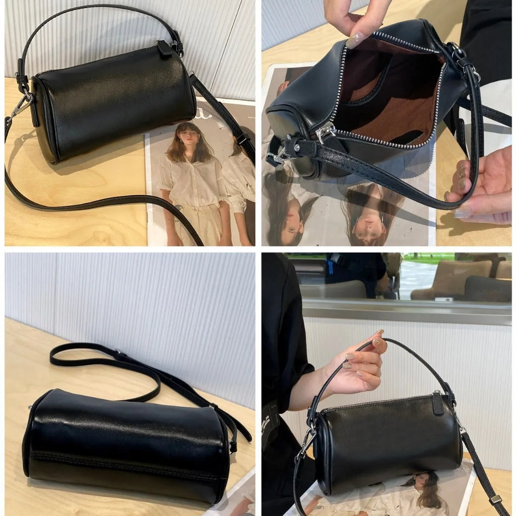 Cylindrical leather crossbody bag for mobile phones in six colours, showing visible sewing thread and compact size.