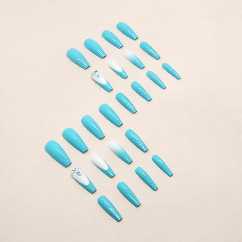 Solid colour long ballet false nails with blue diamond glue bottle, 24 pre-shaped patches