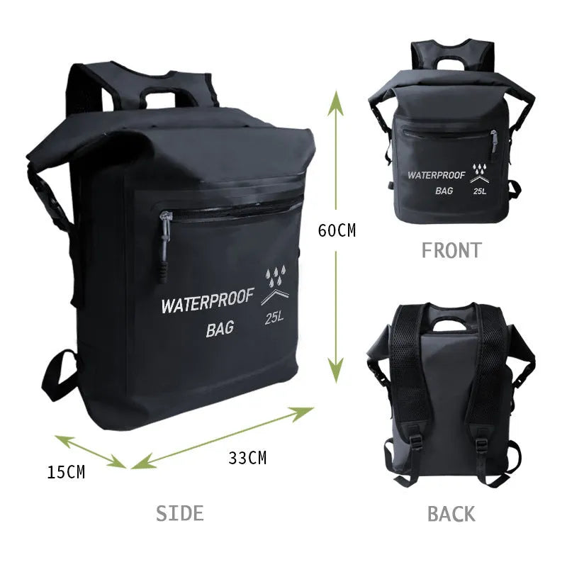 Black 25L waterproof outdoor backpack for swimming, river tracing and rafting activities