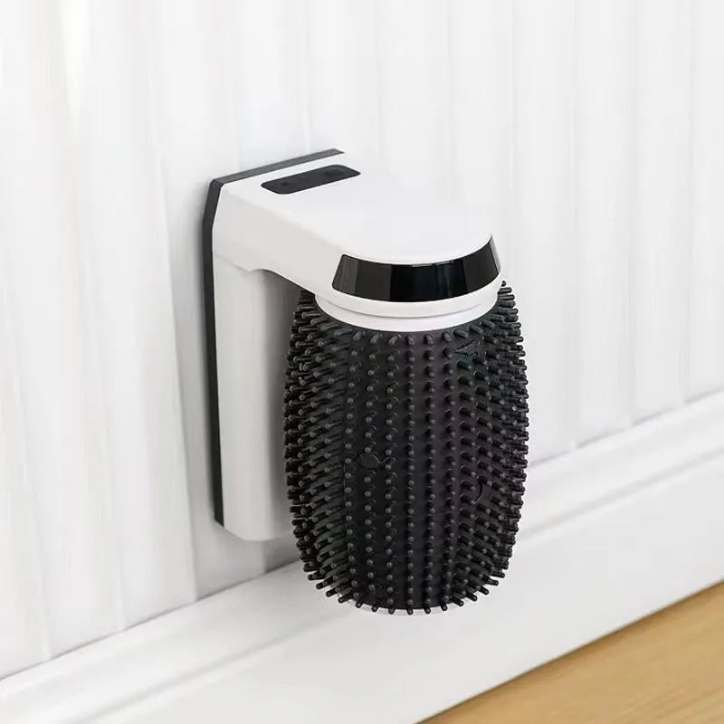 White automatic cat self-groomer wall corner brushes with scratching surfaces for feline independent grooming
