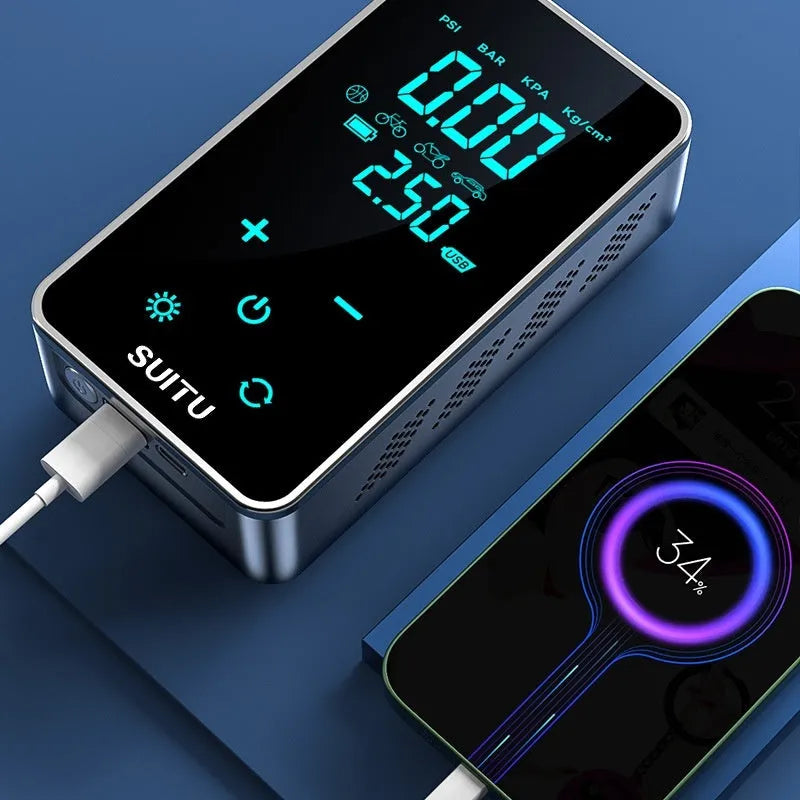 Compact black wireless car tyre inflator pump with digital LCD screen on a blue cloth bag.