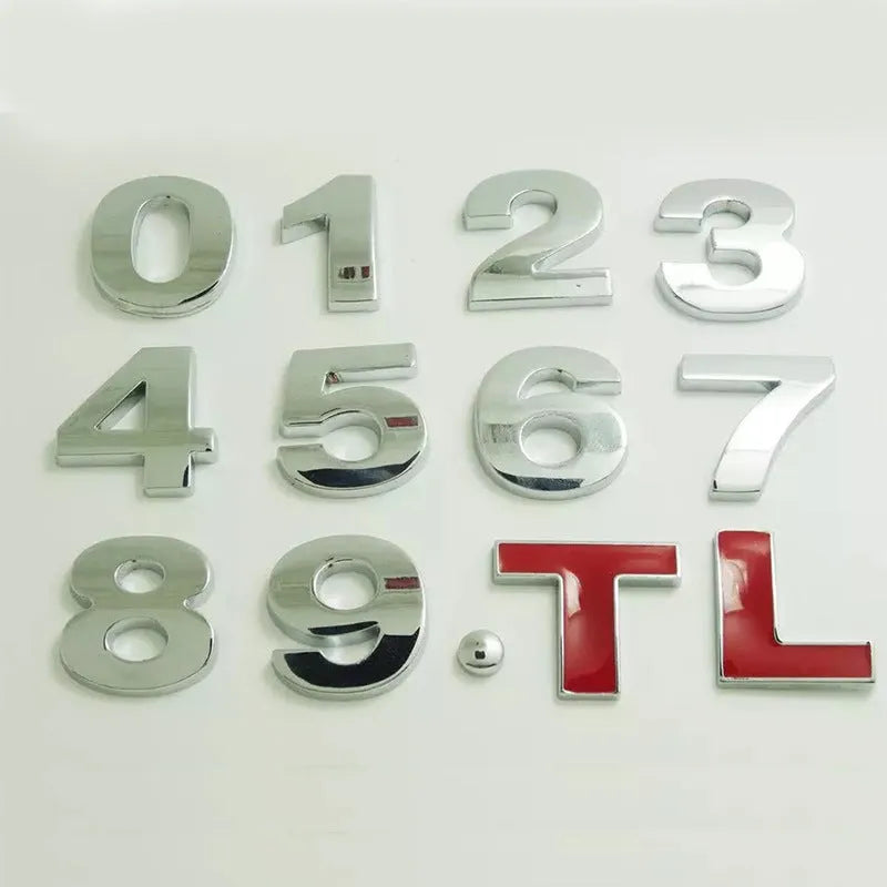 Metal zinc alloy car bumper stickers showing 3D English letters in black and silver finishes, each measuring 2.5cm
