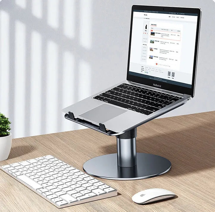 Silver aluminium car laptop stand with adjustable height and rotating pole on car back seat
