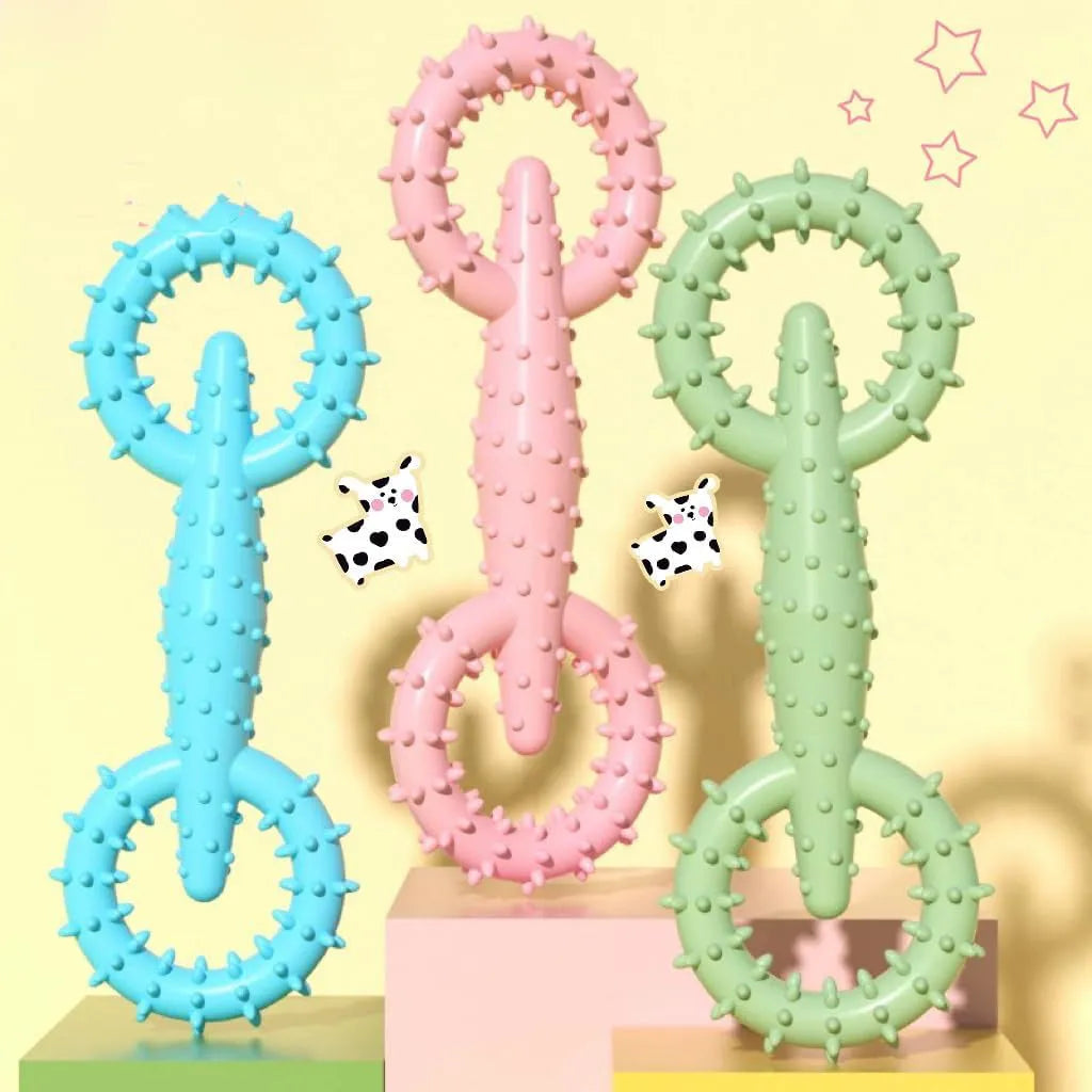 TPR dog chew toy ring in blue, green, or pink, measuring 16cm in diameter for teething puppies