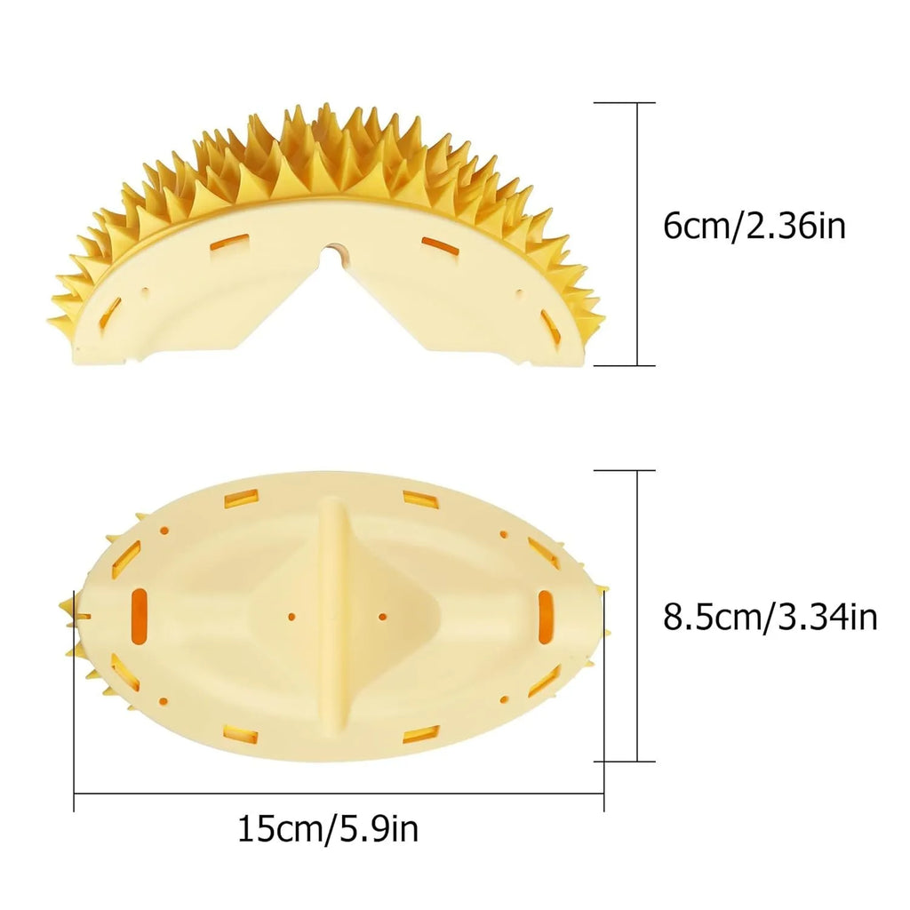 Yellow durian-shaped cat corner scratcher mounted on wall, measuring 21cm by 12cm by 7cm, with peppermint powder packet