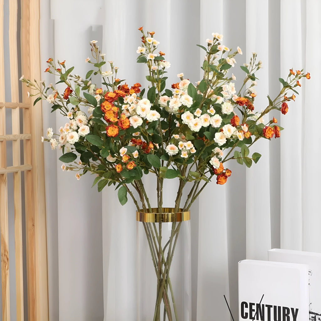 European style multi-head small rose artificial silk flowers in champagne, orange, pink, white, and yellow colours