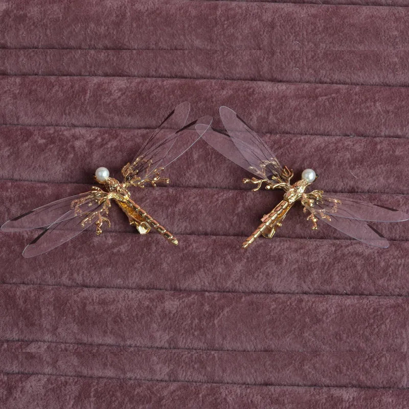 Golden dragonfly-shaped side clip headdress with jucai decoration for women