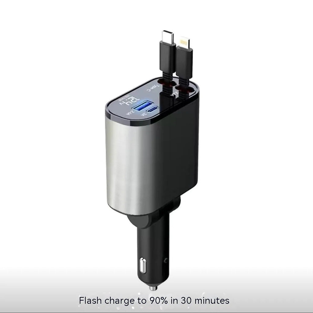 Automatic retractable car charger with extended headband showing four USB ports and cigarette lighter plug