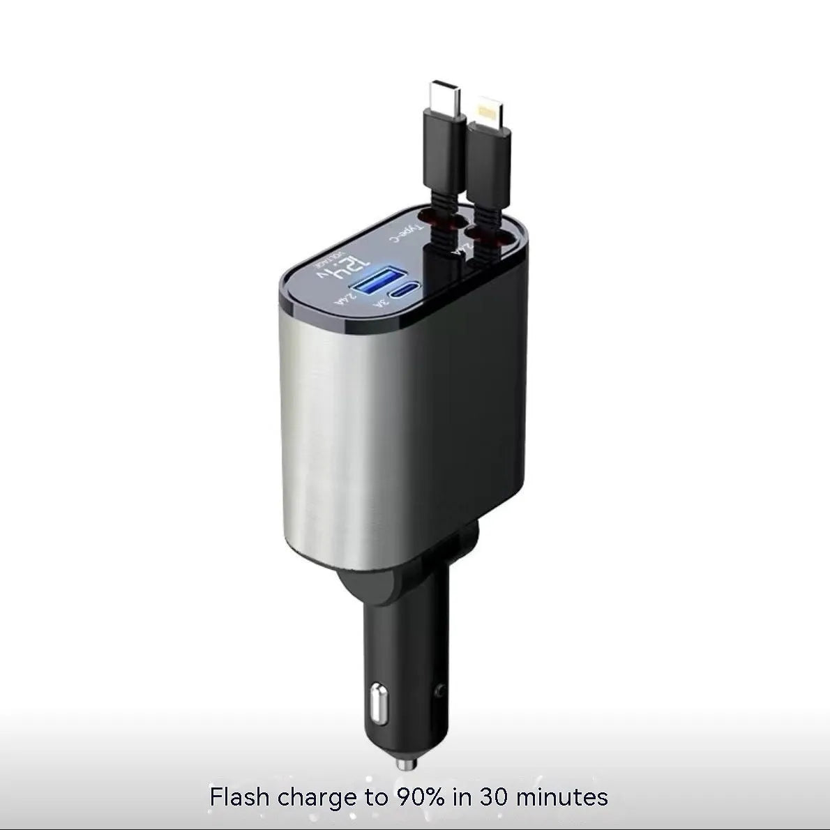 Automatic retractable car charger with extended headband showing four USB ports and cigarette lighter plug
